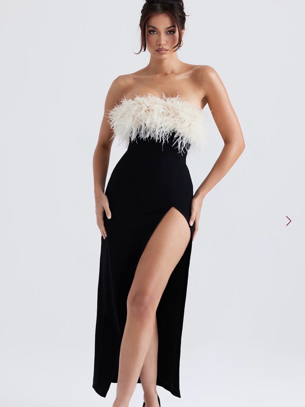 House of CB “Sarai” Dress. Strapless Black Evening Gown with Feather Bodice